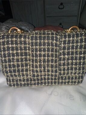 Black and Gold Tweed Shoulder Bag with Chain Accents
